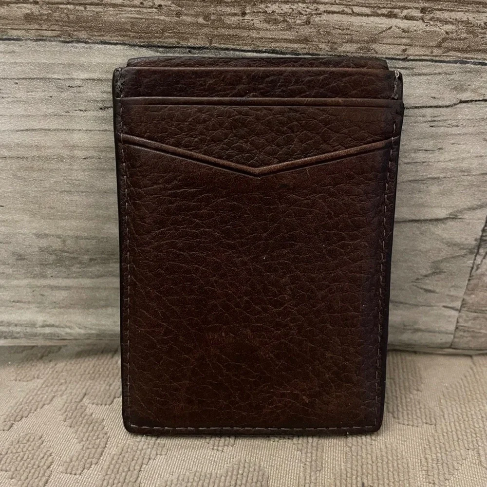 VTG Fossil Mens Leather Magnetic Money Clip Card Case Wallet Dark Brown Pebbled